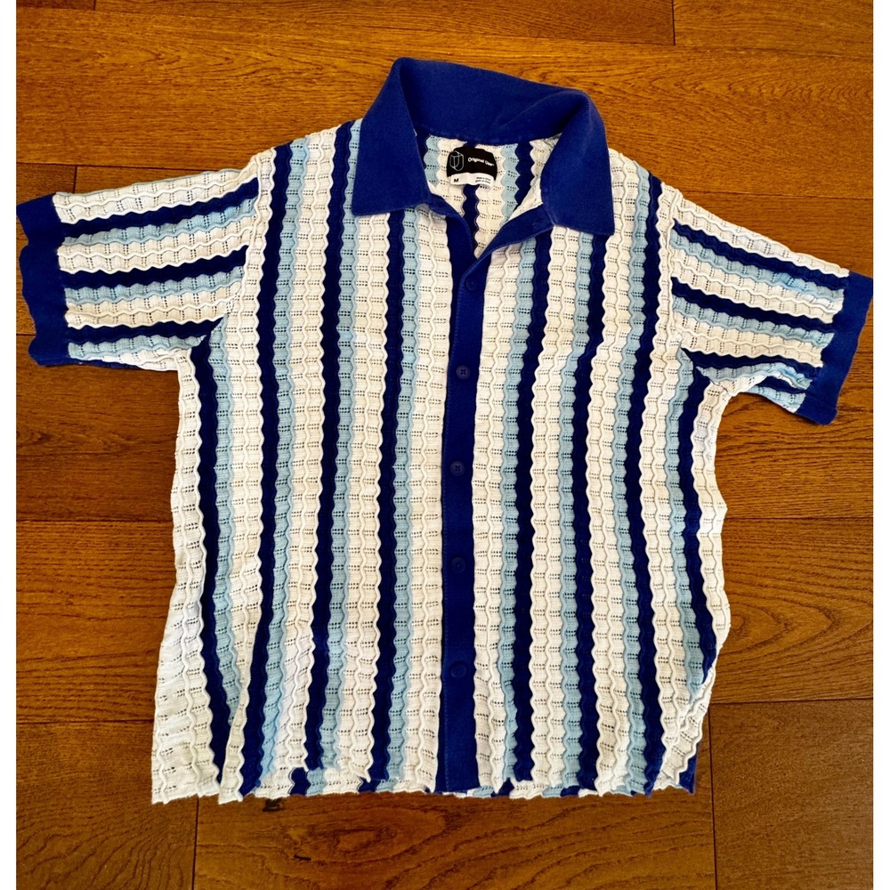 Original Use Mens Blue White Stripe Pointelle Knit Button Up Shirt Medium